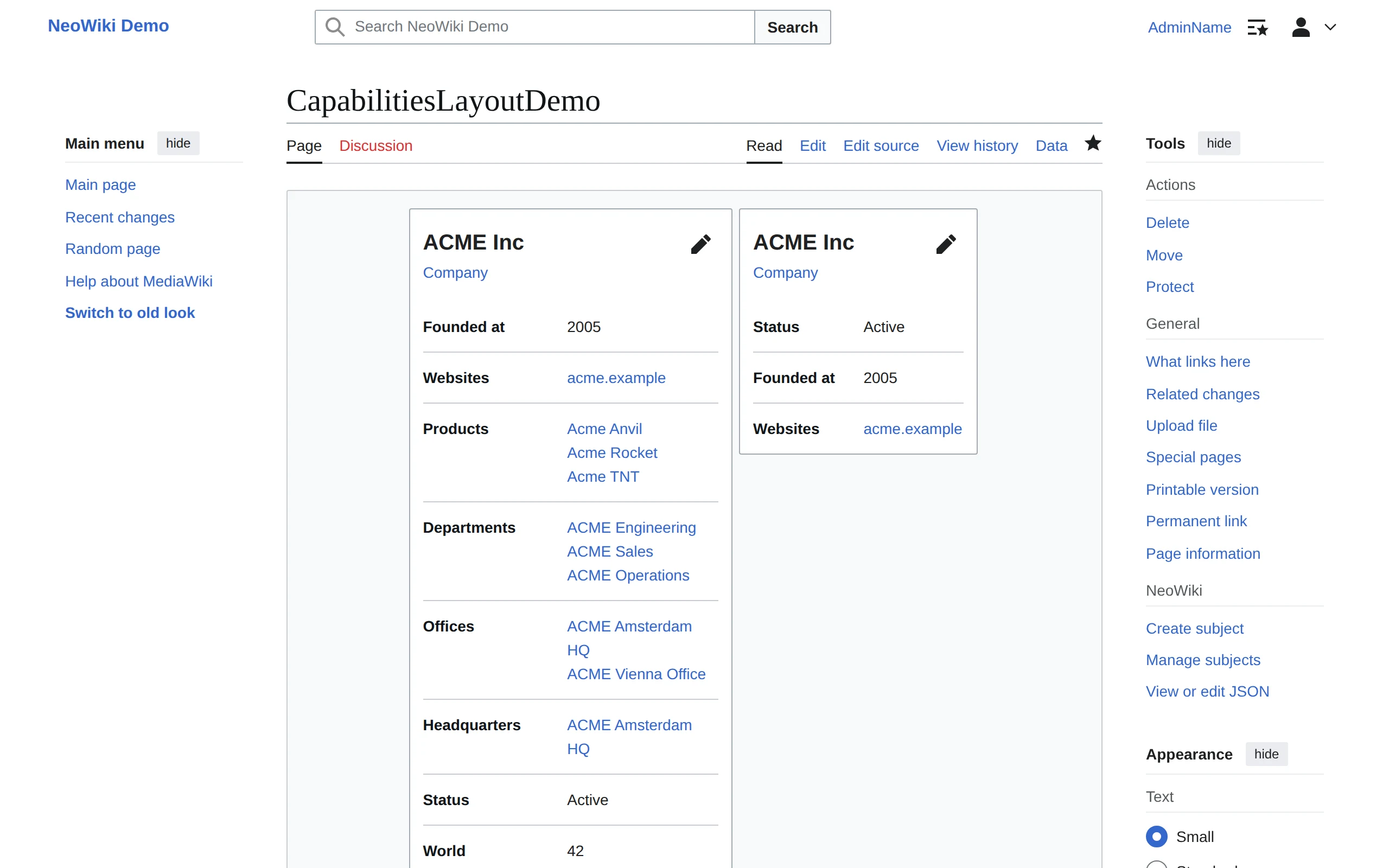 The same NeoWiki subject shown two ways side by side: its full default record on the left, and on the right a custom Layout that selects and reorders a subset of properties — the no-code way a Layout controls what a Subject type displays.