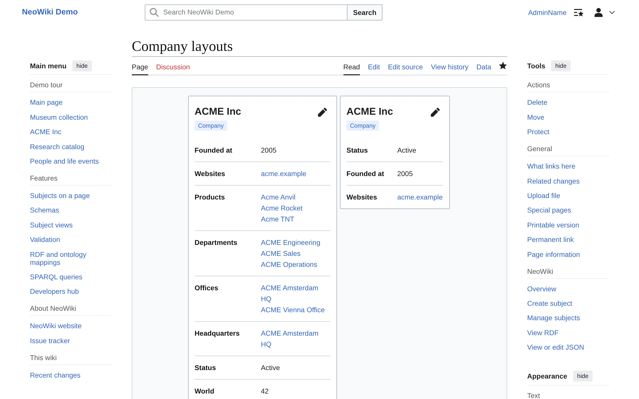 The same NeoWiki subject shown two ways side by side: its full default view on the left, and on the right a custom Layout that selects and reorders a subset of properties — the no-code way a Layout controls what a Subject type displays.