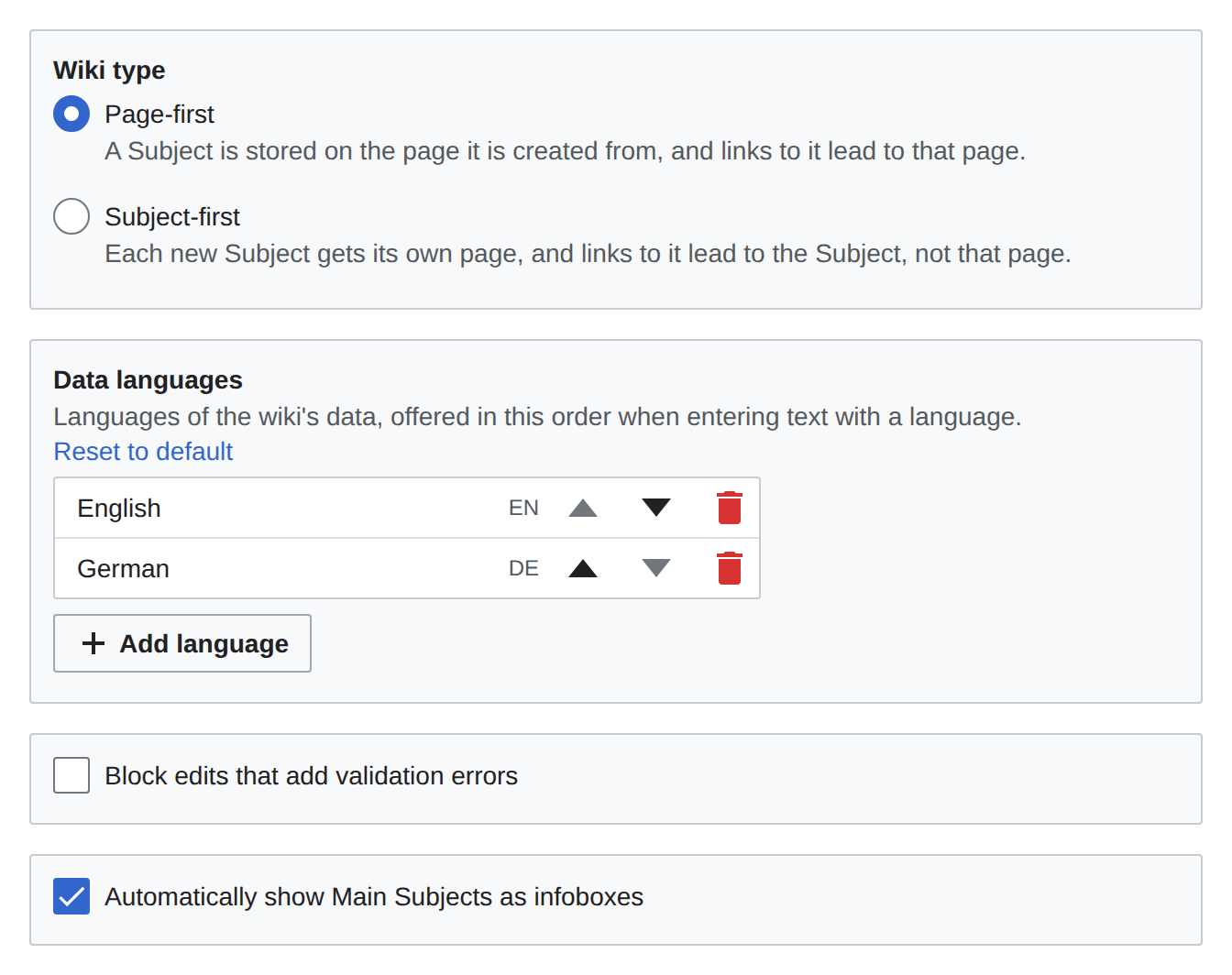A form with radio buttons, a reorderable language list and checkboxes