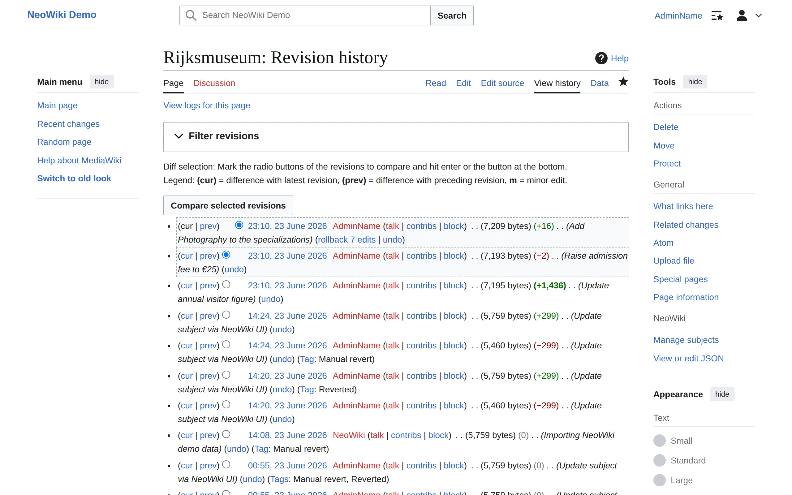 The revision history of a NeoWiki subject: each structured-data edit is a separate version attributed to an editor, with a timestamp and a descriptive summary (such as 'Raise admission fee to €25').